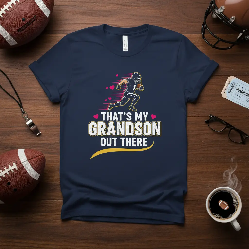 That's My Grandson Out There football player graphic on a navy t-shirt for proud grandparents