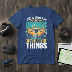 That's What I Do I Fly Drones And I Know Things quote t-shirt with drone graphic and mountain landscape