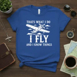 Pilot T-Shirt with "Thats What I Do I Fly And Know Things" quote and airplane graphic