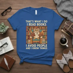 Blue t-shirt with text "That's What I Do I Read Books I Avoid People And I Know Things" featuring an