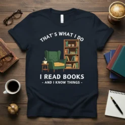 That's What I Do I Read Books - And I Know Things quote on a navy t-shirt with armchair and