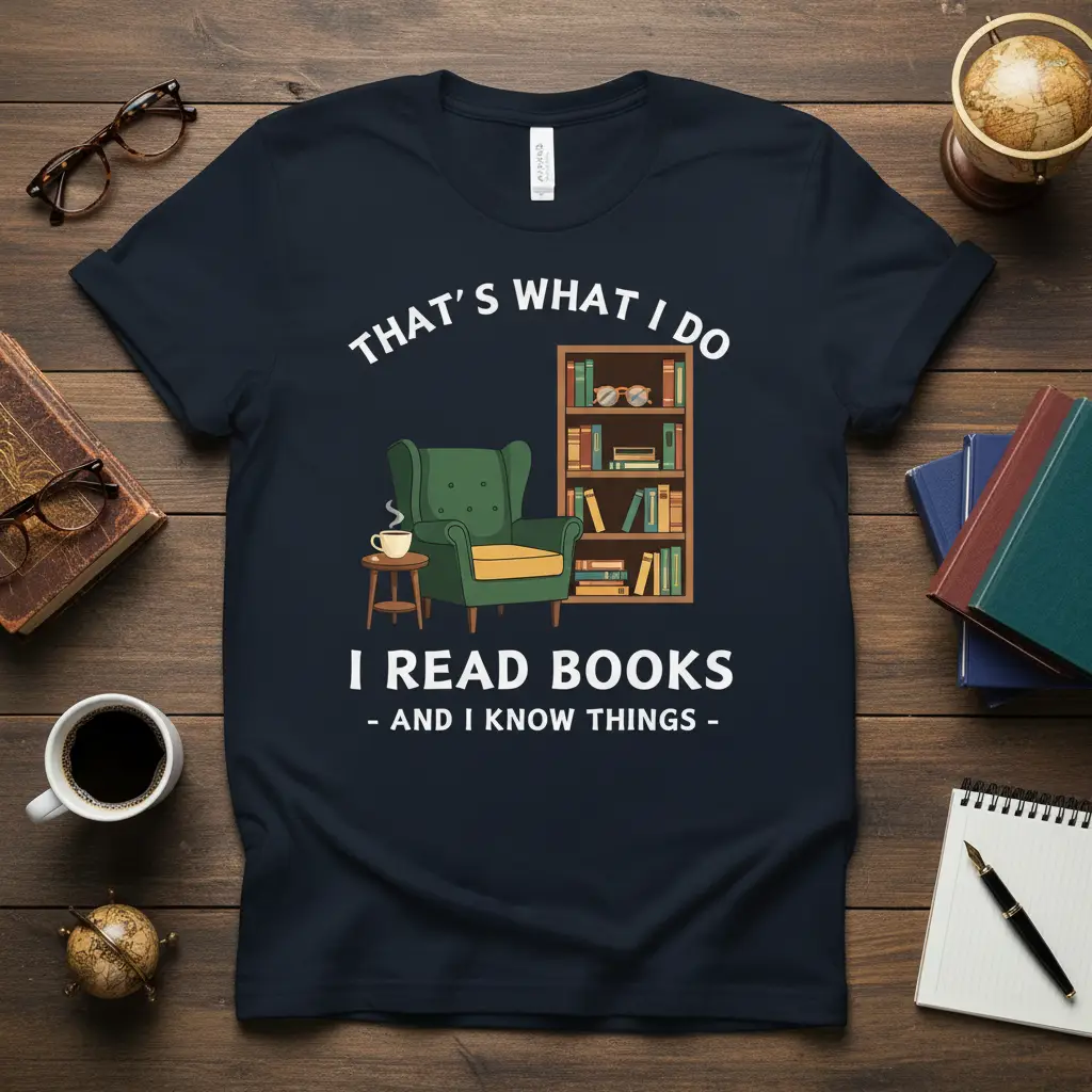That's What I Do I Read Books quote and graphic on a dark t-shirt for readers and knowledge seekers
