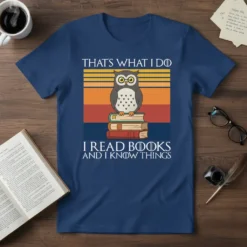 Text design "That's What I Do I Read Books And Know Things" with a vintage sunset background and an owl