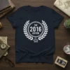 The 2016 Edition Est. 2016 t-shirt with white laurel wreath design and year text
