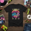 The 80's Party Party T-Shirt design with boombox, roller skates, and cassette tape graphic. Includes date, live music, and free