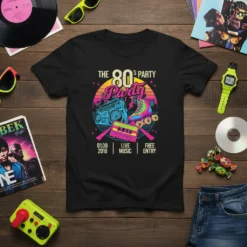 The 80's Party Party T-Shirt design with boombox, roller skates, and cassette tape graphic. Includes date, live music, and free