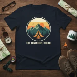 The Adventure Begins quote on a navy t-shirt with a vintage camping scene graphic featuring mountains, tent, and campfire