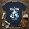 The Adventures of Captain Cat Deep Freeze t-shirt design featuring a black and white cat rowing a boat through icebergs