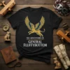 Black t-shirt with "The Adventures of General Fluffybottom" text and a gold winged cat graphic