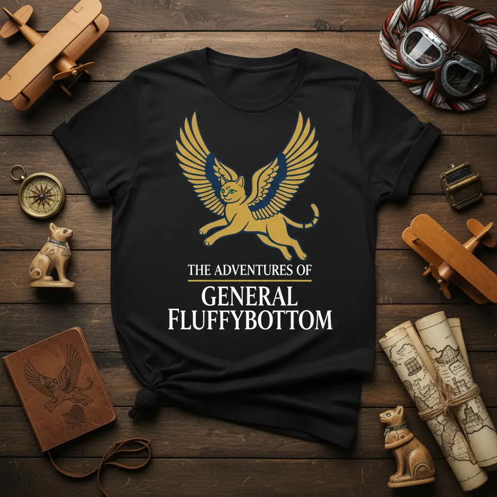 The Adventures of General Fluffybottom text with a gold winged cat illustration on a black shirt
