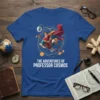The Adventures of Professor Cosmos t-shirt design featuring a cartoon superhero professor flying through space with planets and stars