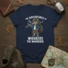 The Adventures of Whiskers The Wanderer t-shirt design featuring a cartoon cat adventurer smoking and carrying a backpack