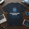 The Age of Intelligence Begins Here AI T-Shirt with a glowing blue brain graphic and circuit pattern