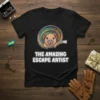 The Amazing Escape Artist capybara t-shirt design with a cute capybara peeking out of a zipper with colorful background