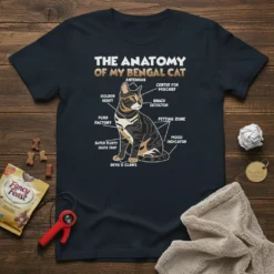 The Anatomy Of My Bengal Cat humorous diagram t-shirt design showing labeled cat parts like Purr Factory and Devil's Claws
