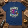 The Angry Beavers Timber!!! text with cartoon beavers holding chainsaw and log on a navy t-shirt