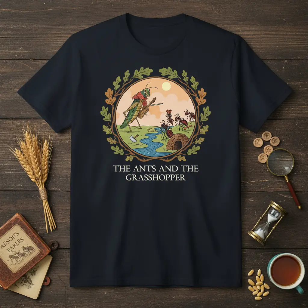 The Ants and The Grasshopper fable illustration with grasshopper playing music and ants working, printed on a t-shirt