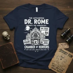 The Astounding Dr. Rome Presents The Horrifying Chamber of Horrors t-shirt with vintage haunted house design and spooky text elements