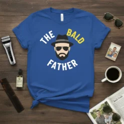 The Bald Father t-shirt design featuring stylized text and a cartoon head with a hat and beard