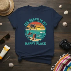 Navy t-shirt with a circular graphic that says "THE BEACH IS MY HAPPY PLACE," featuring a sunset over the ocean
