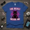 Blue t-shirt with "The Beast Inside Me" text and a fierce black cat graphic surrounded by pink hearts and lightning