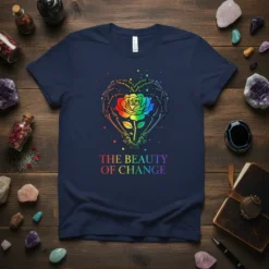 The Beauty of Change text with a rainbow rose inside a heart shape made of skeleton hands, on a navy