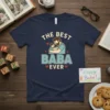 The Best Baba Ever quote with a father hugging his child, featured on a navy blue t-shirt