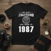 Black t-shirt with white text "The Best Jiu Jiteiro Are Born In 1987" and a dragon graphic, celebrating birth year