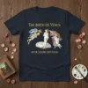 The Birth of Venus T-Shirt design featuring Botticelli's painting with gold text on navy fabric