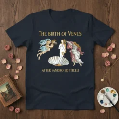 The Birth of Venus T-Shirt design featuring Botticelli's painting with gold text on navy fabric