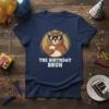 The Birthday Bruh T-Shirt with a cool bear wearing sunglasses and a crown holding a cupcake