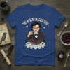 The Black Catciatore t-shirt featuring Edgar Allan Poe with a black cat in a bowl, surrounded by stars and text
