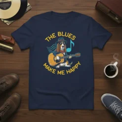 The Blues Make Me Happy text with a basset hound playing guitar graphic on a navy t-shirt