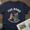 T-shirt design with white text "THE BOND OUR LOVE IS INFINITE" and graphic of a hand high-fiving a grey cat