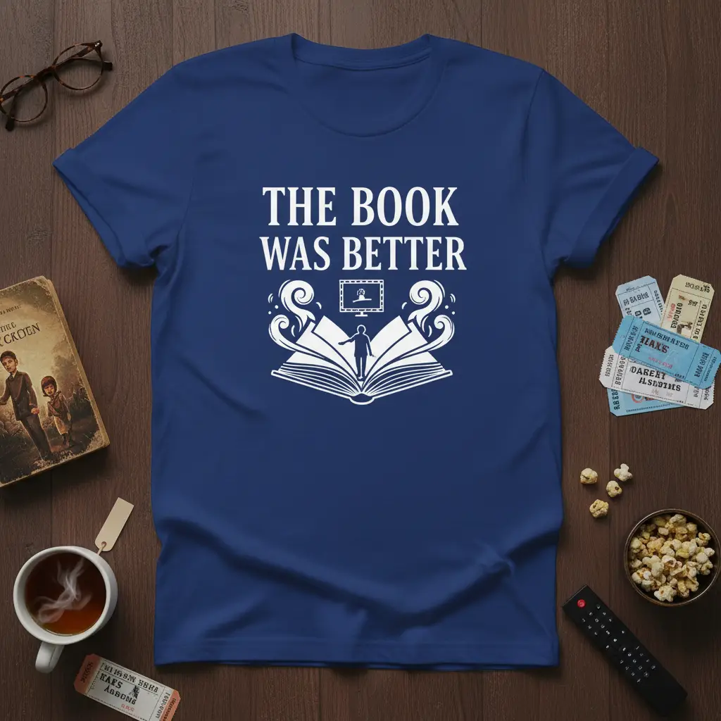 The Book Was Better quote on a blue t-shirt, featuring an open book and a person before a screen graphic