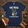 The Boss of Badass Moves text with a cool donkey wearing sunglasses and smoking a cigar on a navy t-shirt