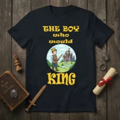 The Boy Who Would King t-shirt design with a young prince holding a sword before a castle