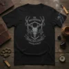 The Brotherhood Honor Faith Courage MCMLXX t-shirt design featuring a deer skull, hearts, and text in a shield emblem