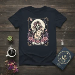 The Bunny Mom text design with a skeleton holding a rabbit and surrounded by roses, in a dark heather t-shirt