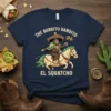 The Burrito Bandito El Squatcho Bigfoot Mexican T-Shirt design featuring Bigfoot in a sombrero on a horse with a burrito