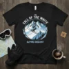 Black t-shirt featuring "The Call of the White Alpine Descent" text and a graphic of a skier descending a snowy