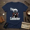 The Calmother t-shirt design featuring a cat in a suit smoking a cigar and holding coffee, with text "The Calmother"