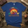 The Camel Convoy Journey Across The Sands t-shirt design with colorful camels and pyramids under a sunset