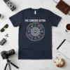 The Camera Sutra T-Shirt featuring a circular mandala with camera icons and yoga-like poses, for photographers