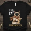 The Cat Chronicles Siamese cat wearing a scarf with fairy lights, holding a scroll, on a black t-shirt