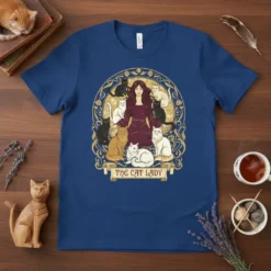 The Cat Lady t-shirt design featuring a woman surrounded by cats, with "The Cat Lady" text on a banner