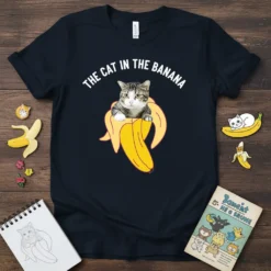 The Cat in the Banana t-shirt design featuring a tabby cat peeking out of a banana peel, with white text