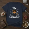 The Catmother t-shirt design featuring a cat in a suit smoking a cigar and the text "The Catmother"