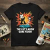 Black t-shirt with white text "The Cat's Meow Gone Fishin" featuring cartoon cats fishing with a fishing rod and reel