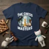 The Chess Masters t-shirt design with cats playing chess, featuring black and white cats, chess pieces, and a checkered board.|